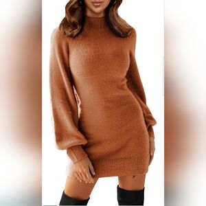 Elegant Tan Long Sleeve Sweater Dress